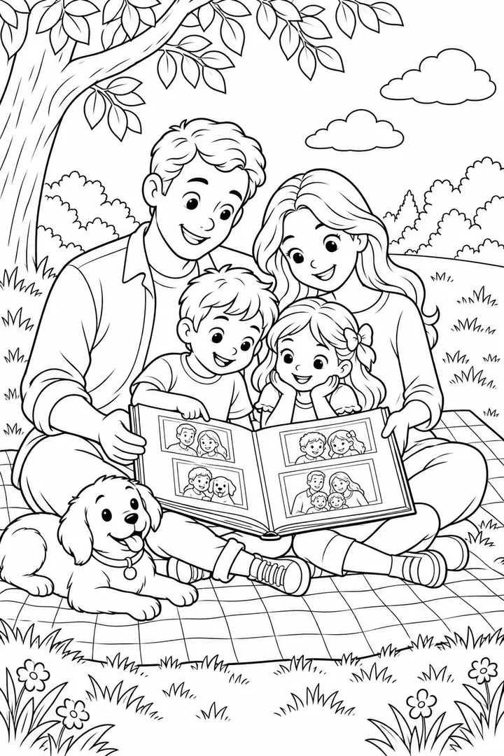 Line-art coloring page: Our picnic album