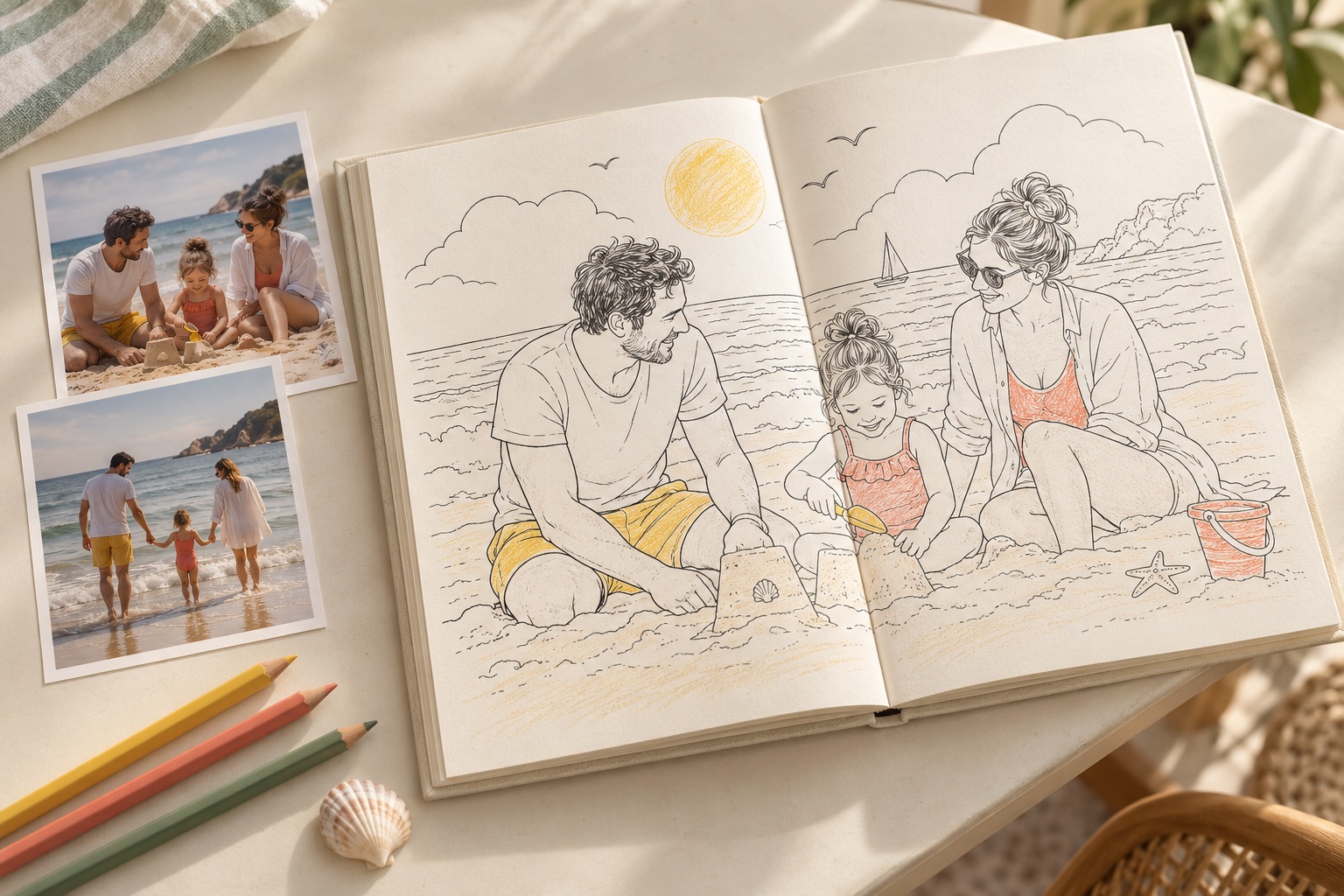 Illustrative sample of a family vacation coloring album beside beach snapshots and colored pencils