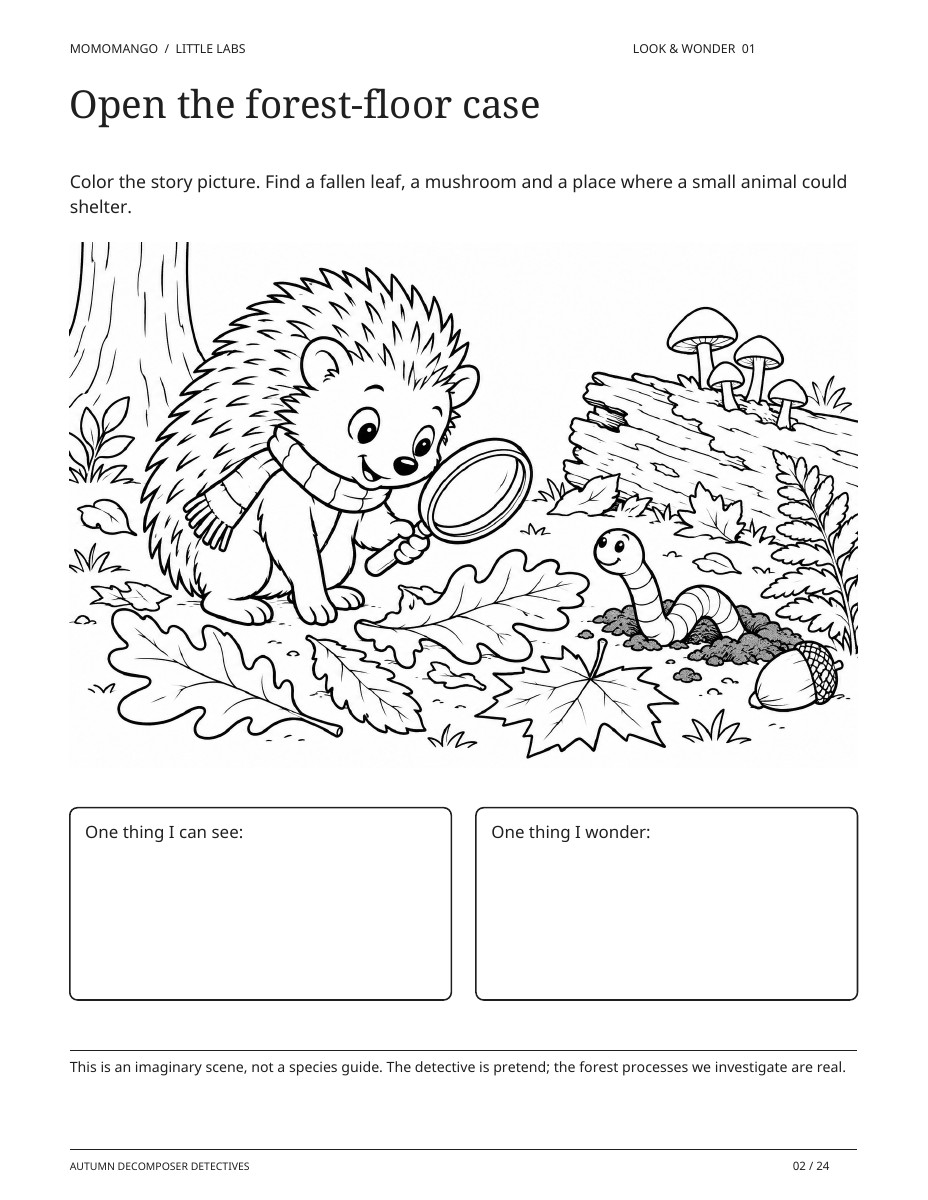 A hedgehog detective investigating fallen leaves on an autumn science coloring activity page