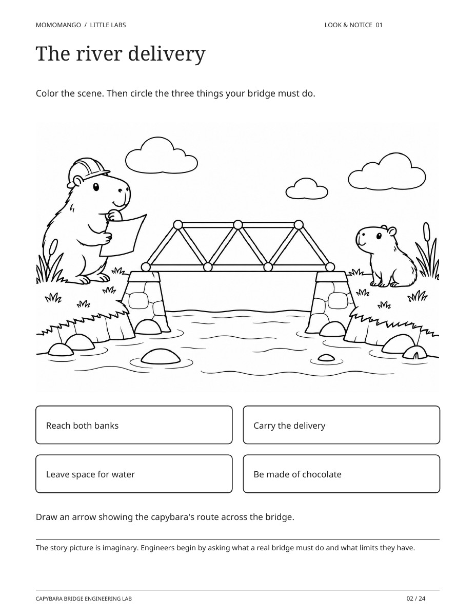 Capybara engineers planning a river crossing on a printable coloring and activity page