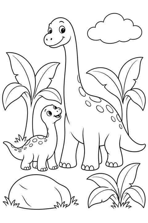 A friendly adult dinosaur and baby dinosaur among large prehistoric plants