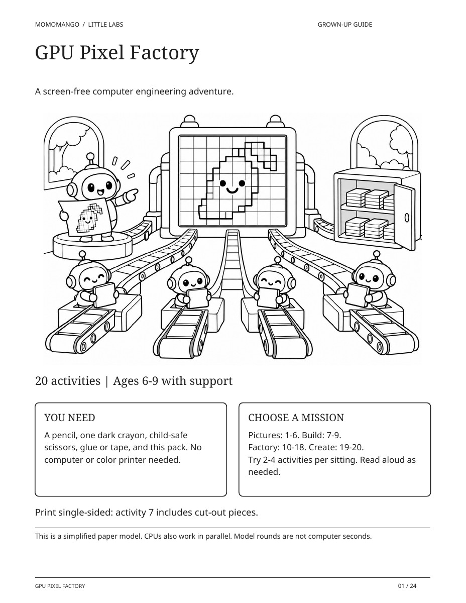 Friendly little computer helpers working inside a playful pixel factory, in black outlines for coloring