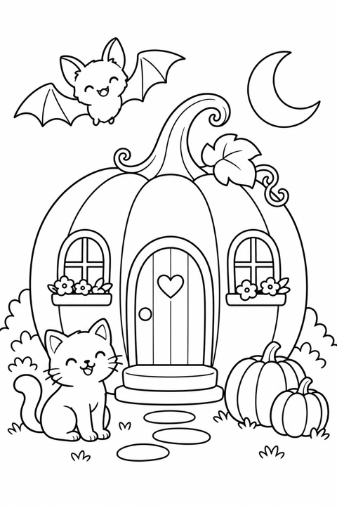 Friendly pumpkin house with a smiling bat and cat, in bold black outlines