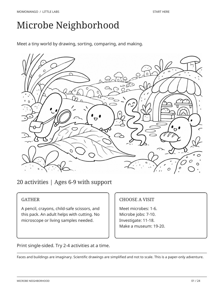Friendly illustrated microbe neighbors introducing a printable microbiology activity bundle