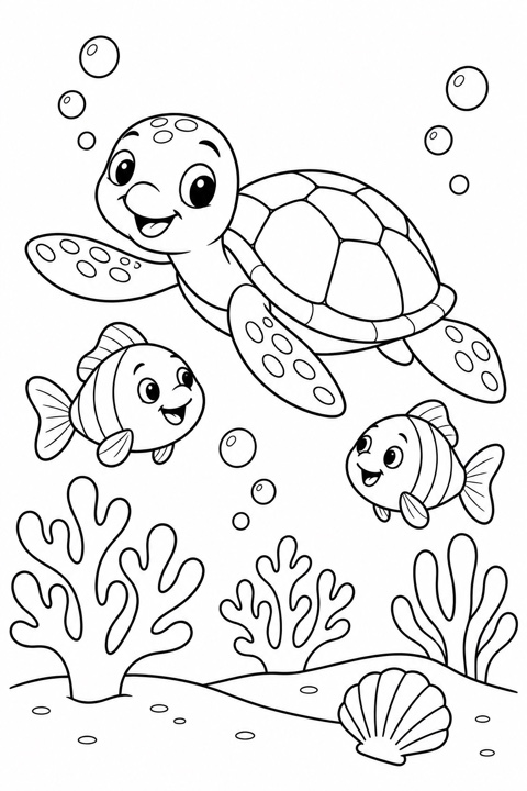 A sea turtle swimming with friendly fish above simple coral and sea plants