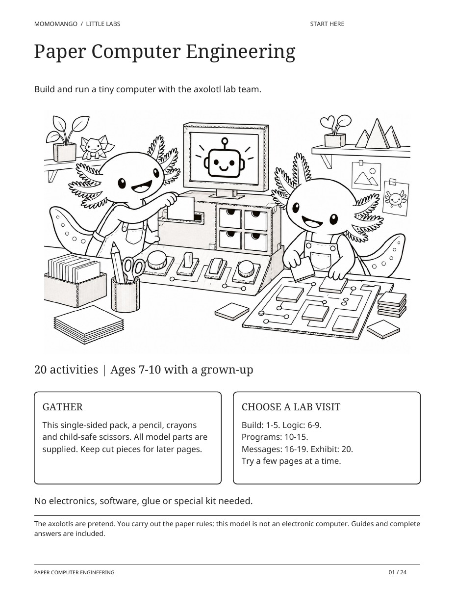Two axolotl engineers operating a cardboard computer with instruction cards and memory drawers