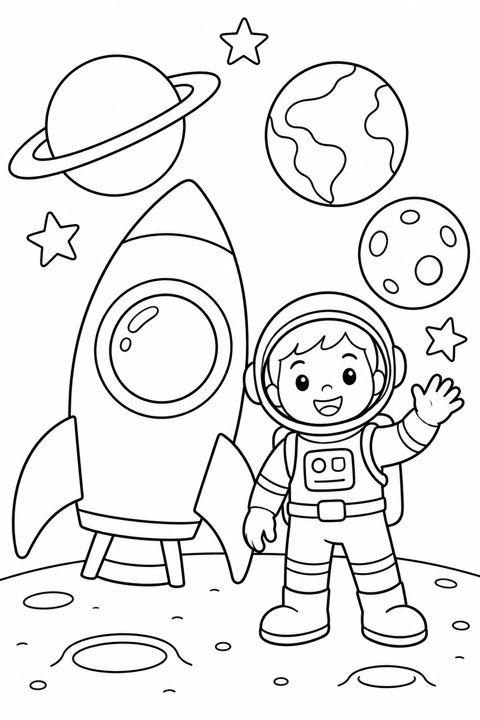 A friendly astronaut waving beside a rocket with large planets and stars