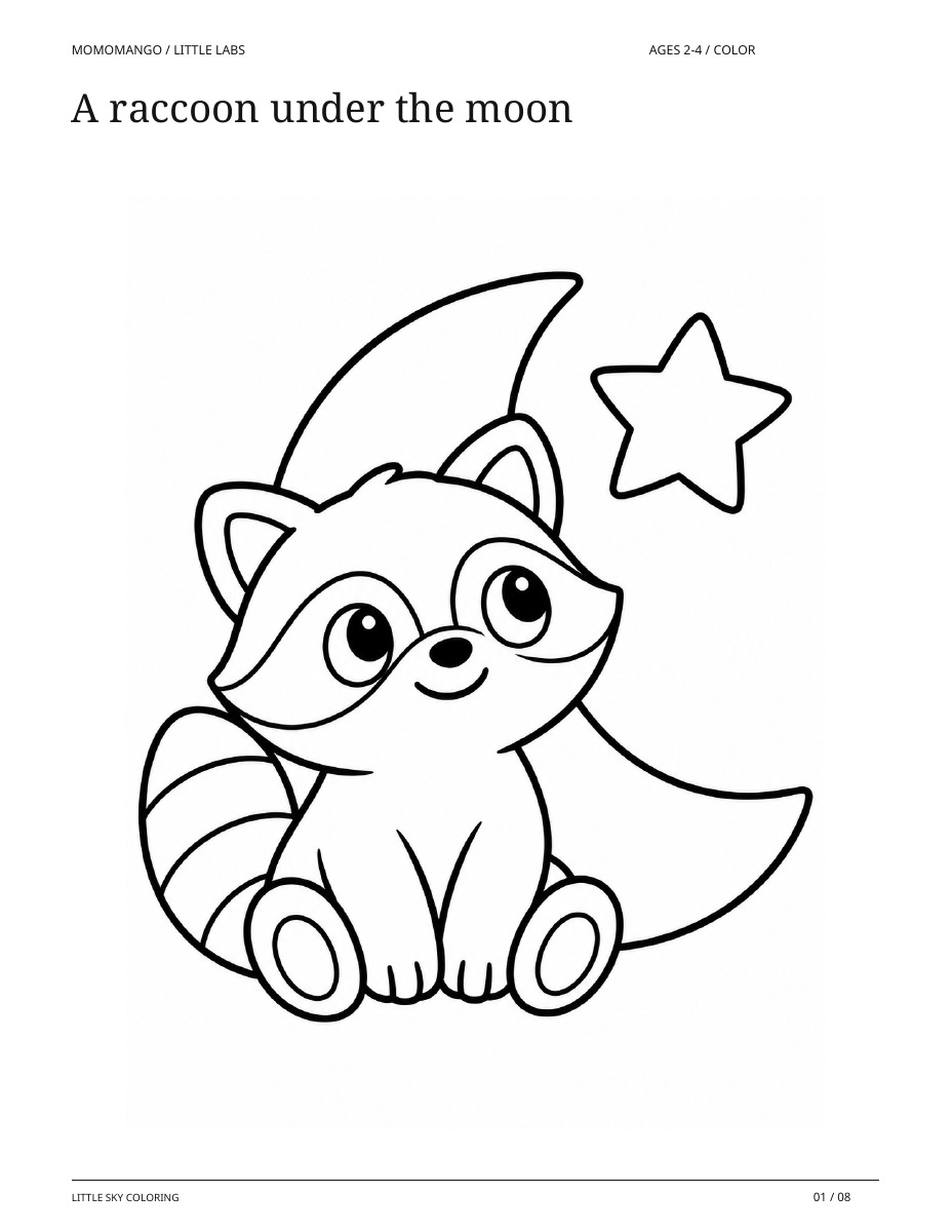 A raccoon under the moon, ages 2-4, from Little Sky Coloring
