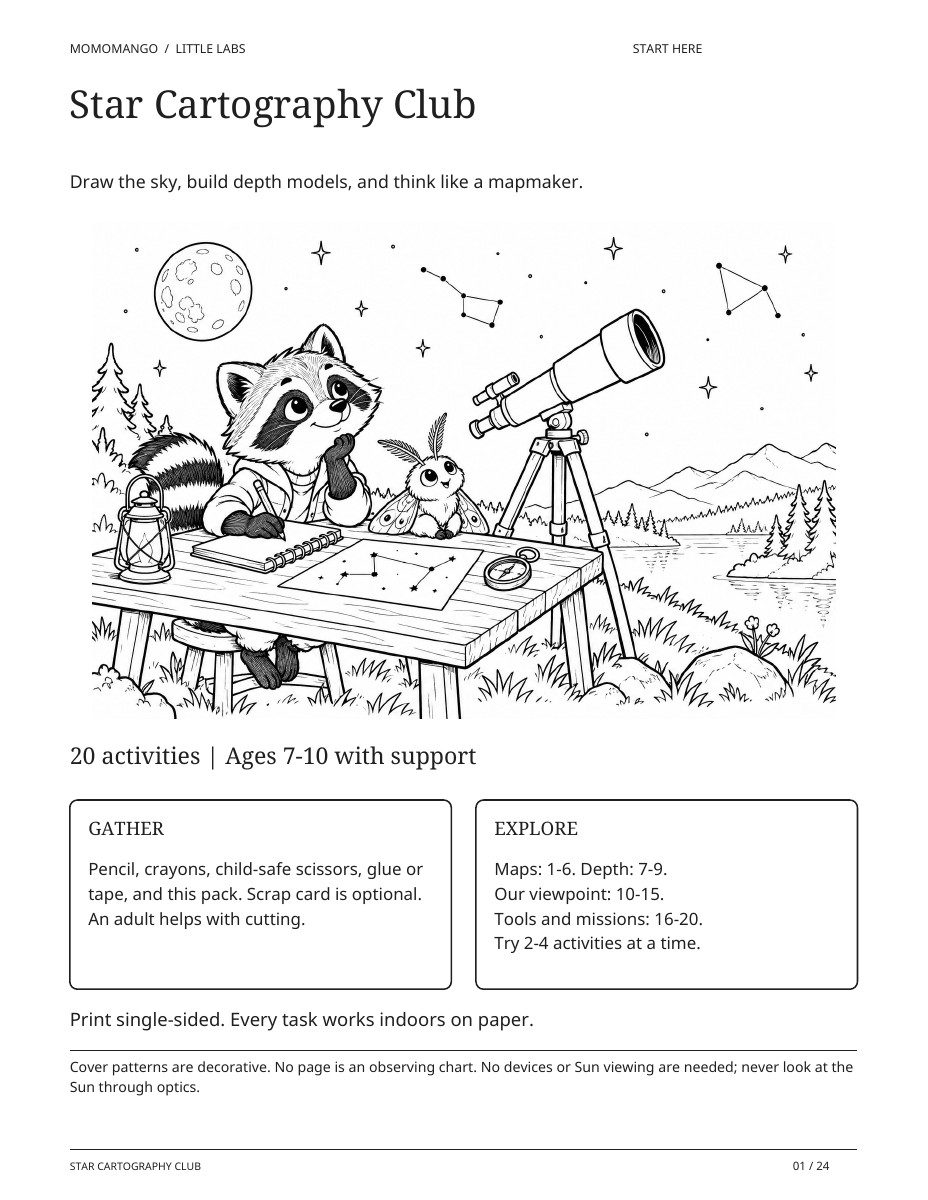 A raccoon astronomer and moth assistant exploring a paper star chart beside a telescope