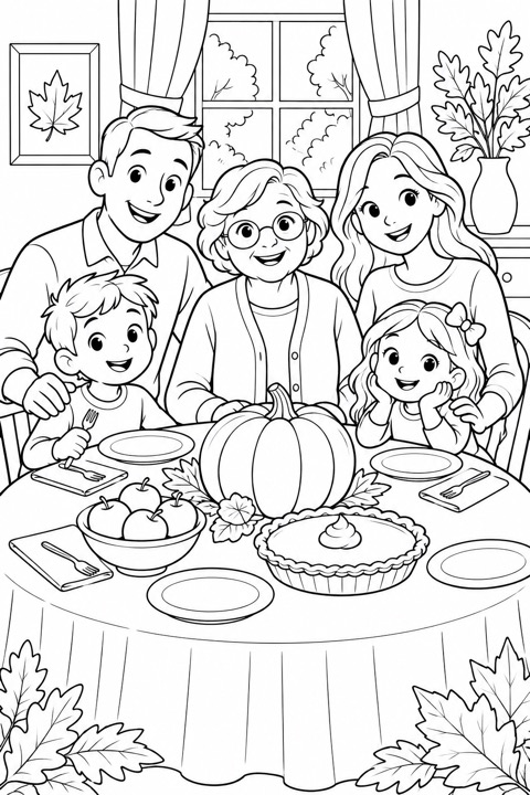 A welcoming Thanksgiving table set with pumpkins, a pie, plates, and autumn leaves